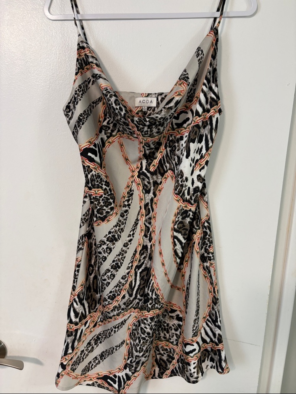 Acoa Animal Print Chain Slip Dress in Neutral Tones